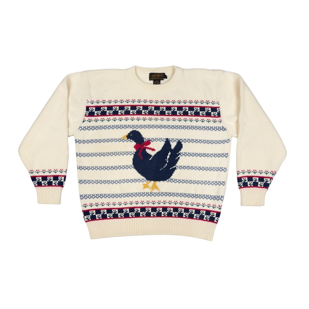 Vtg 1990 Eddie Bauer Duck Intarsia Knit Sweater Mens L Ivory Cotton Cottagecore